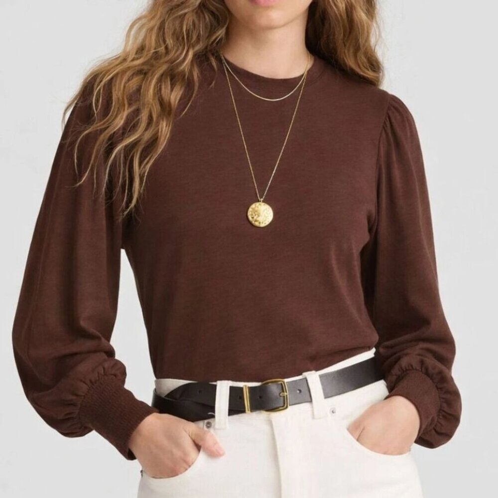 Madewell Soft Slub Brown Long Sleeve Puff Top with Smocked Sleeves S NWT